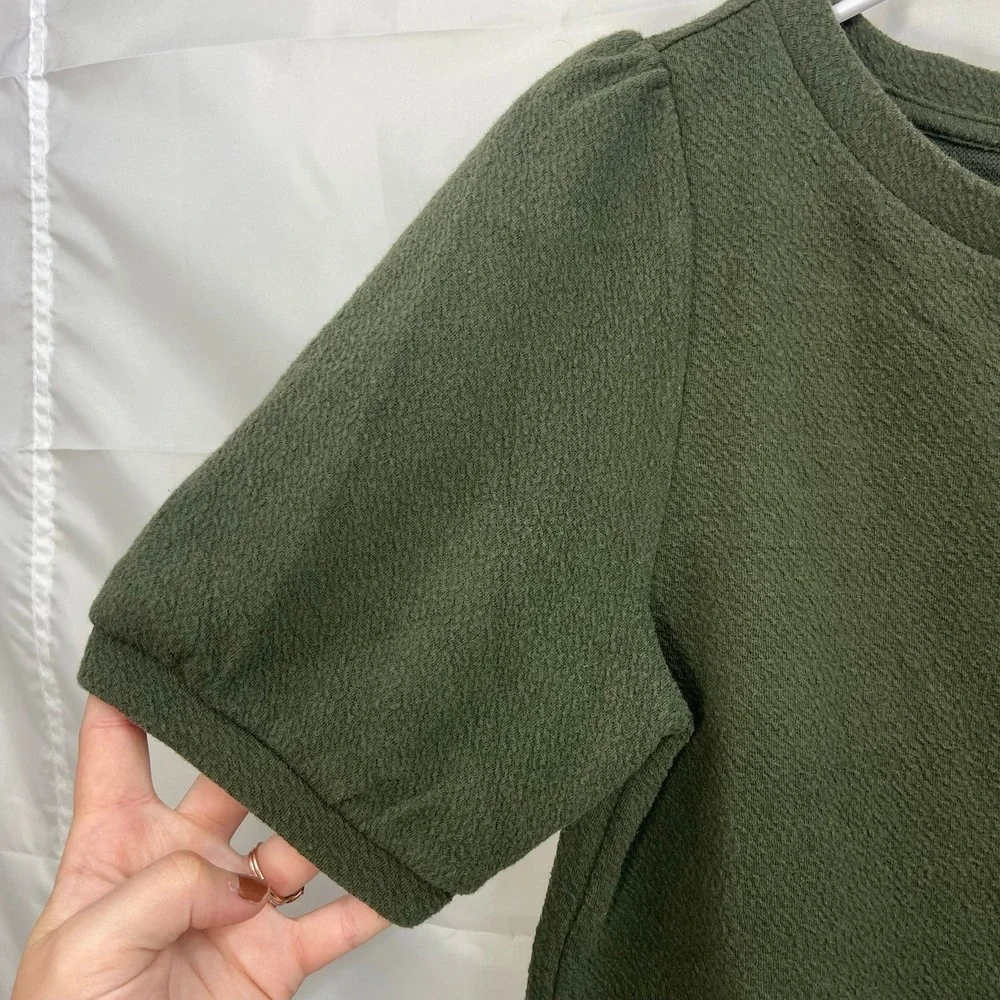 LOFT women's‎ olive green puff sleeve thick kit relaxed Crewcut blouse casual S
